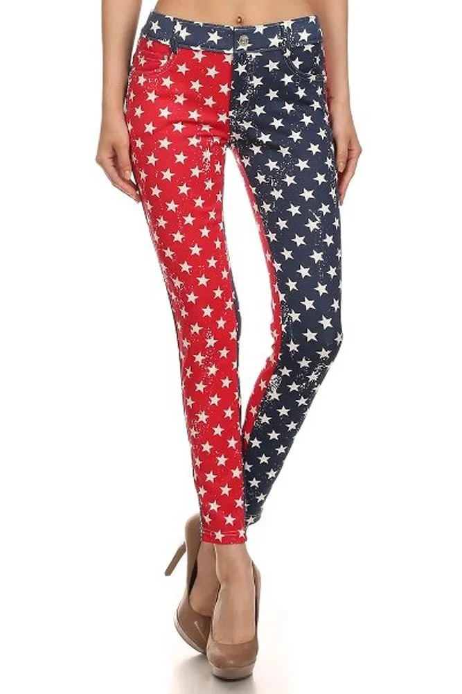 Distressed Star Spangled Patriotic USA Red White Blue Leggings Pants