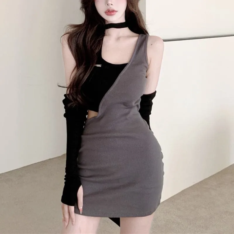 DressBetty - Sexy Halterneck Off-shoulder Long-sleeved Mini Dress