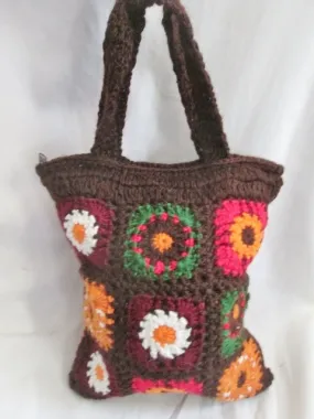 FAR NINE Crochet GRANNY SQUARE Blanket COLORFUL Hippie Tote Clutch BROWN