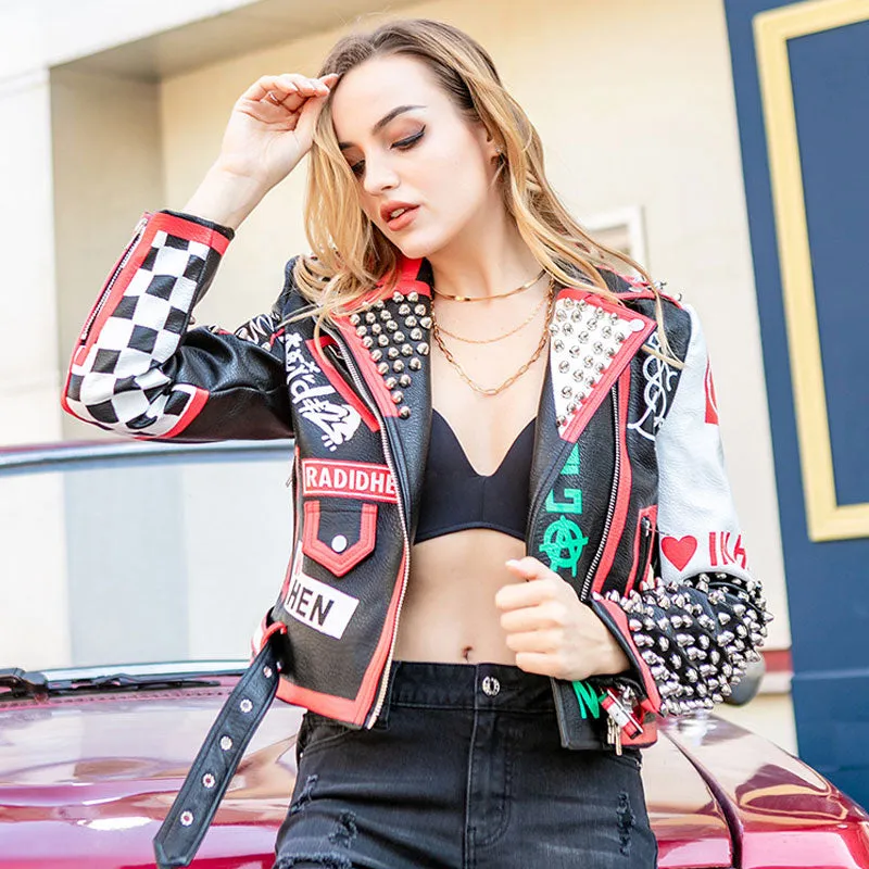 Faux Leather Short Jacket. Style Graffiti Studded Rivet and Chain  High Waist Motor Jackets