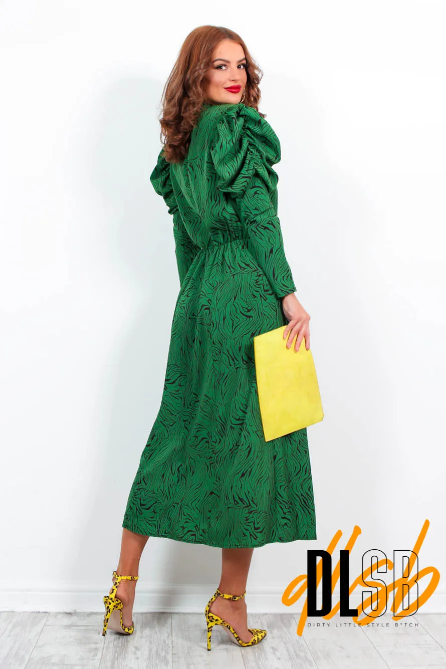 First Date - Green Animal Print Midi Dress