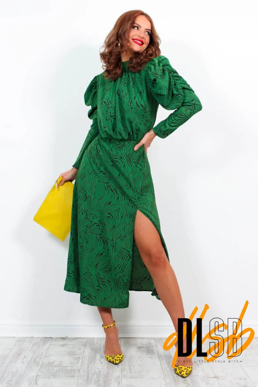 First Date - Green Animal Print Midi Dress