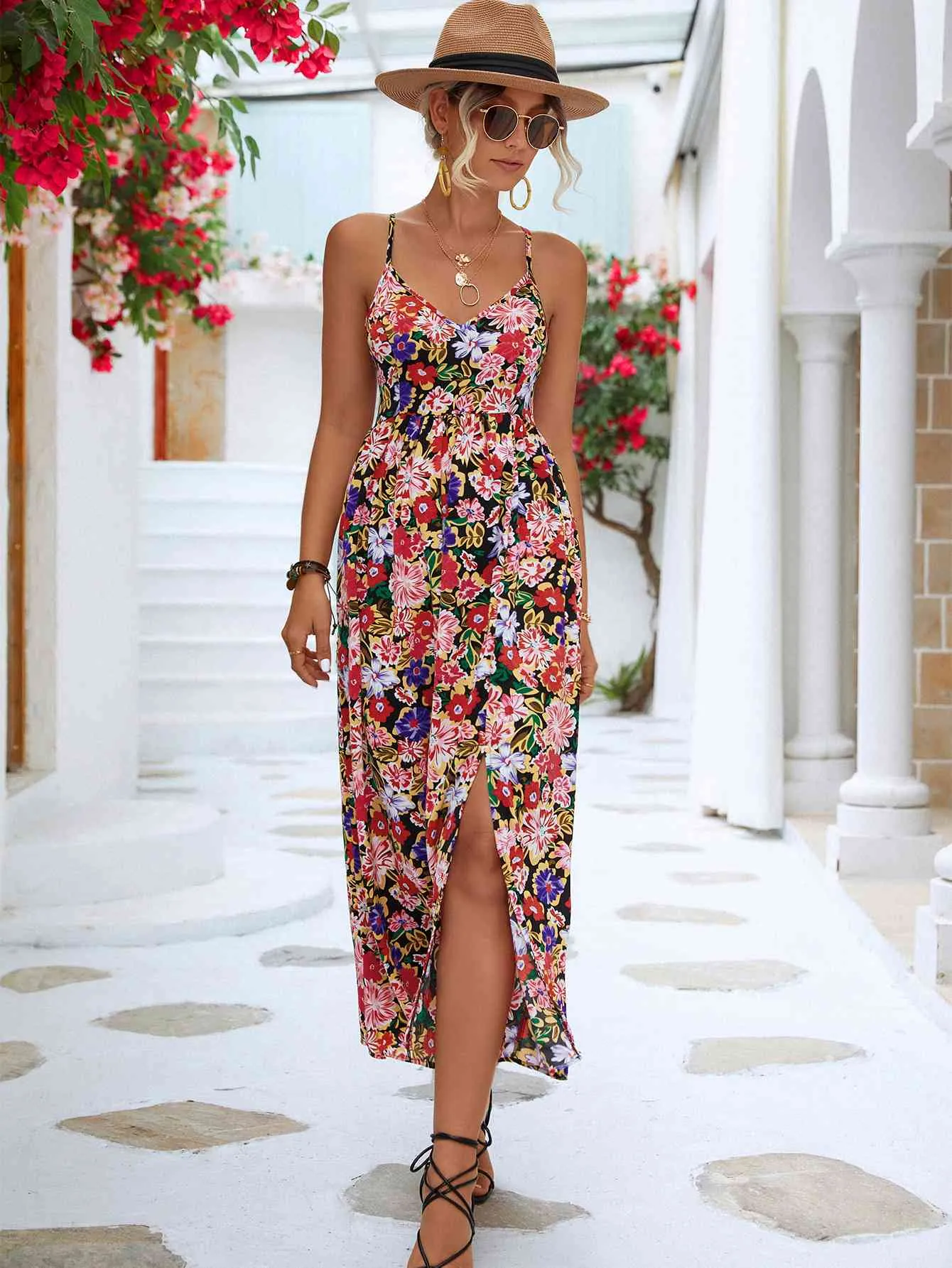 Floral Crisscross Backless Split Dress