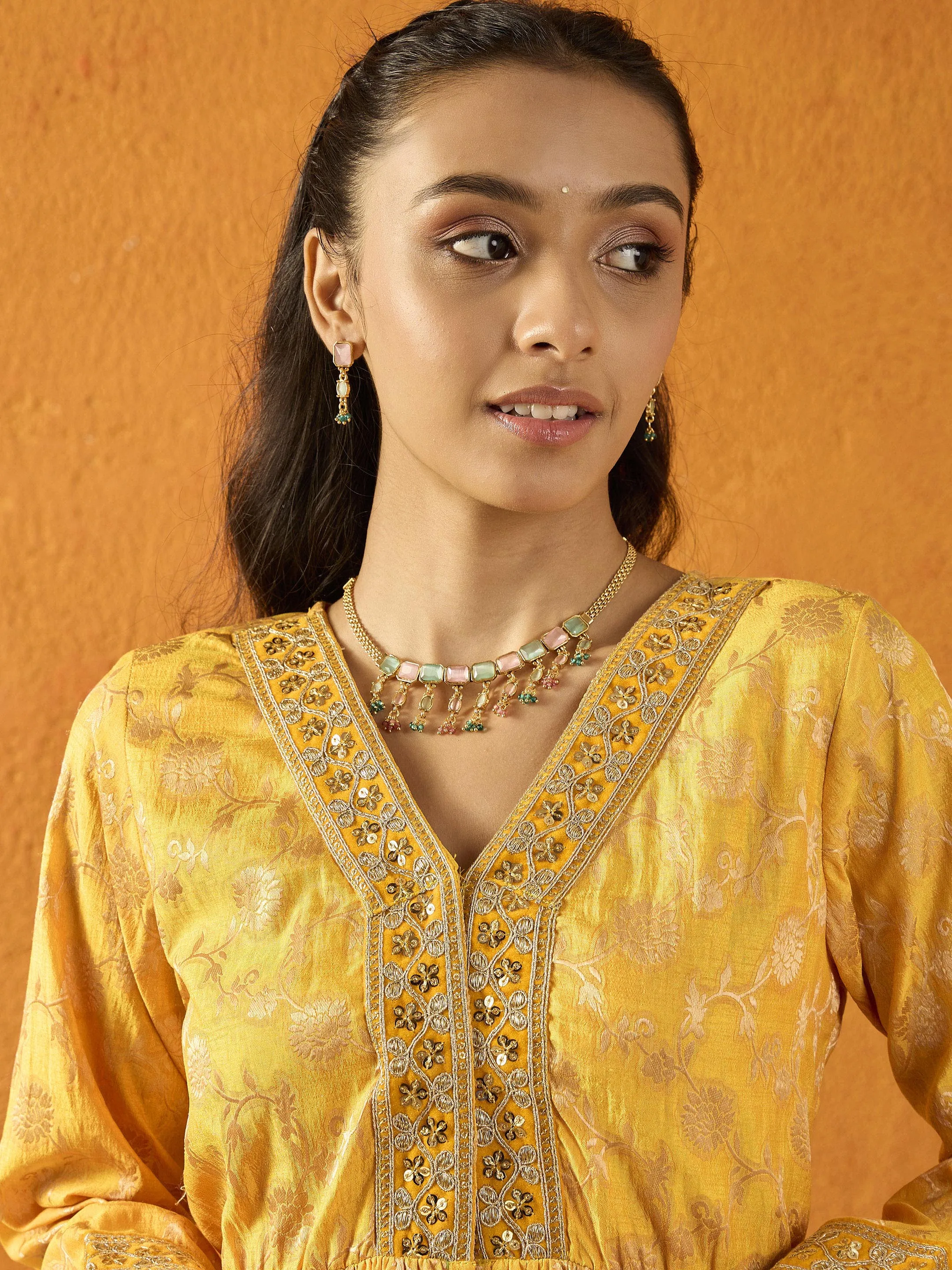 Girls Yellow Brocade V-Neck Peplum Top With Palazzos