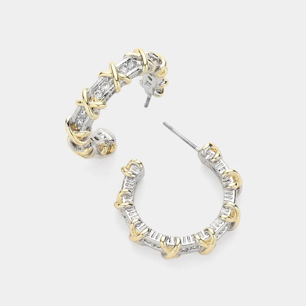 Gold Plated CZ Crisscross Hoop Earrings-M H W ACCESSORIES