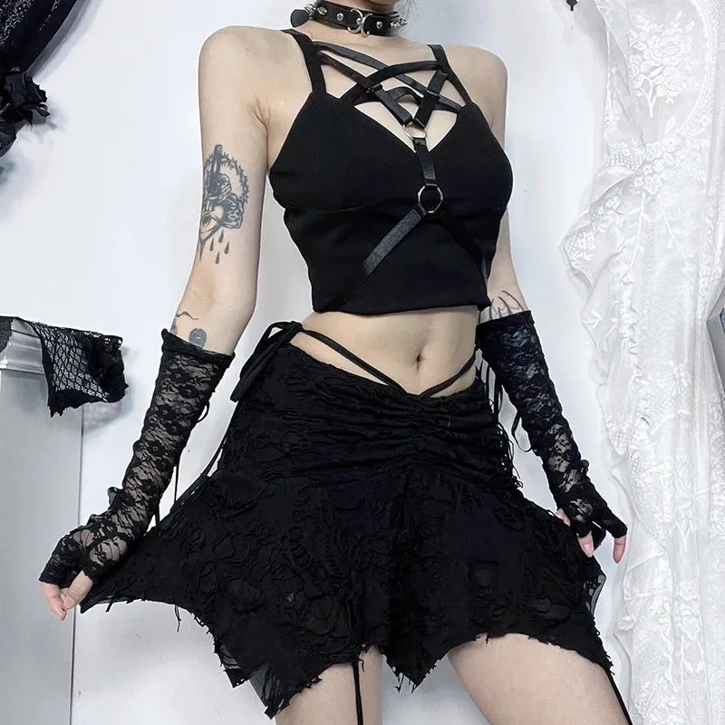 Goth Black Holes Lace-up Mini Sexy Vintage Folds Irregular Bodycon Short Women New Fashion Skirt