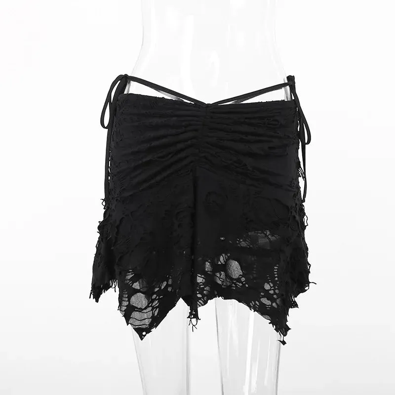 Goth Black Holes Lace-up Mini Sexy Vintage Folds Irregular Bodycon Short Women New Fashion Skirt