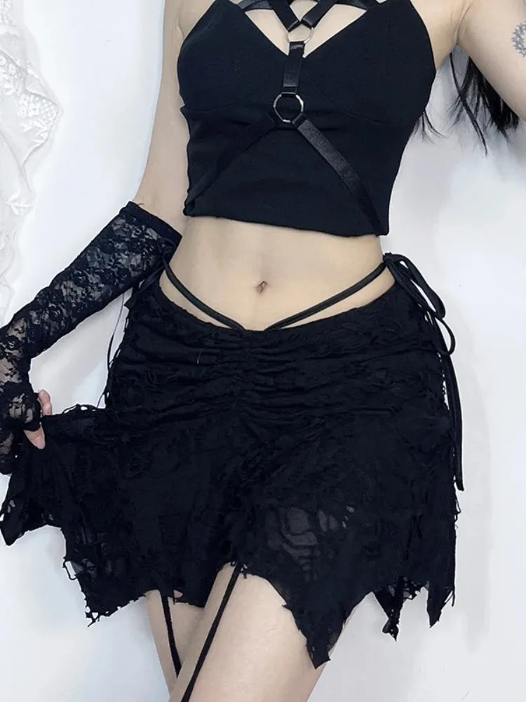 Goth Black Holes Lace-up Mini Sexy Vintage Folds Irregular Bodycon Short Women New Fashion Skirt