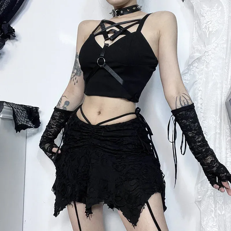 Goth Black Holes Lace-up Mini Sexy Vintage Folds Irregular Bodycon Short Women New Fashion Skirt