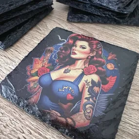 Gothic Tattoo Slate Coasters - Pin-Up Girl