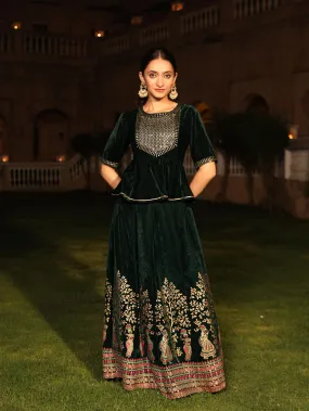 Green Zari Embroidered Velvet Top & Skirt Set With Sequins & Lace