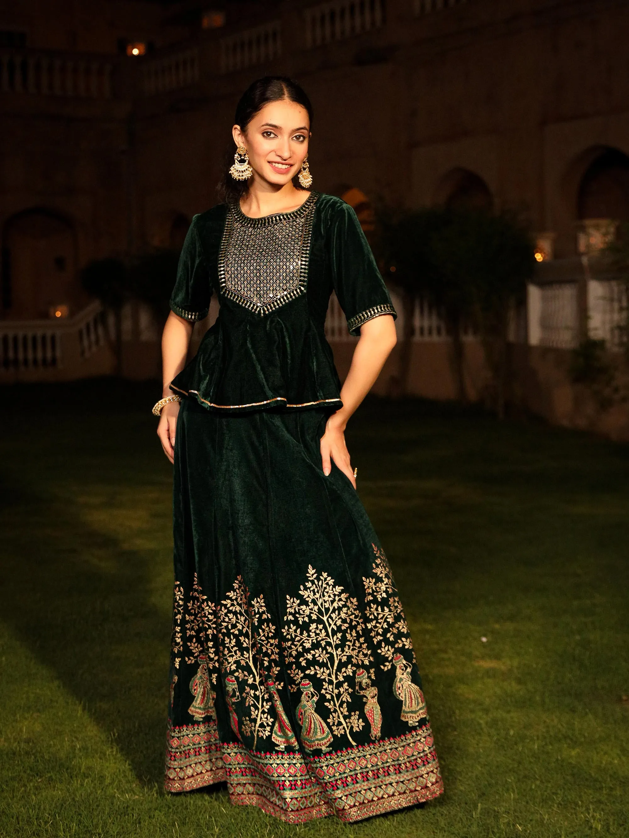 Green Zari Embroidered Velvet Top & Skirt Set With Sequins & Lace