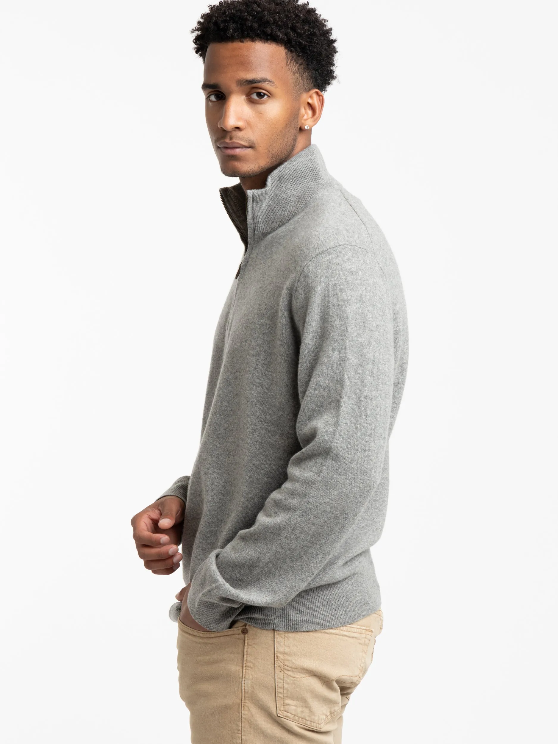 Heather Grey Wool Piqué Quarter-Zip Sweater