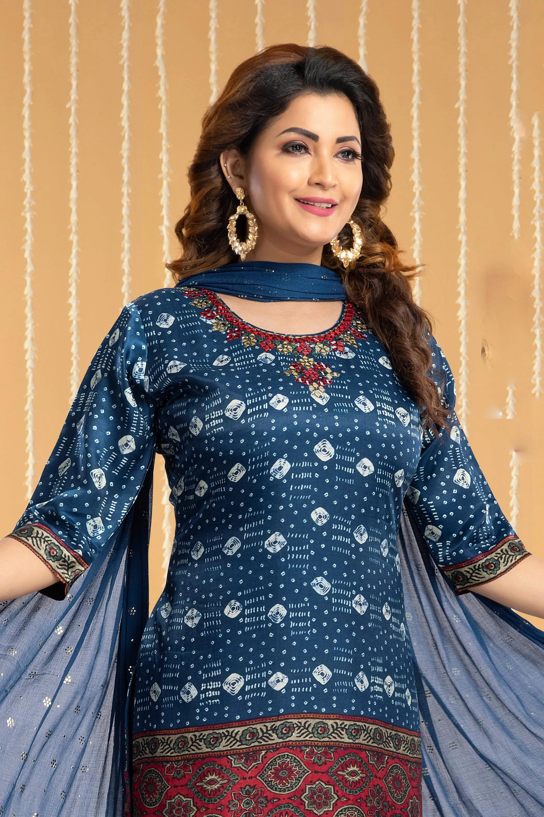 Indigo Blue Mirror and Thread work with Digital Print Straight Cut Salwar Suit