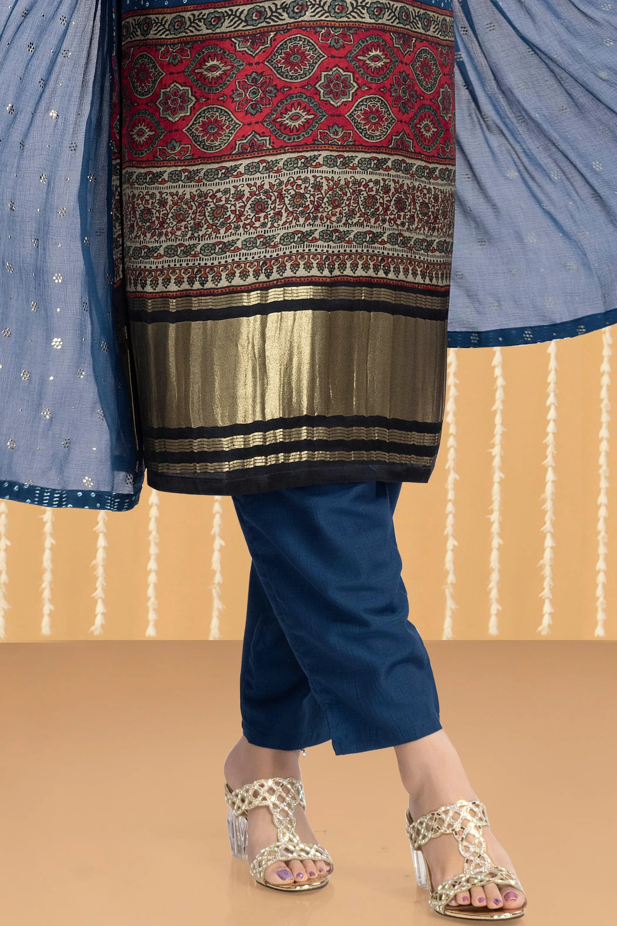 Indigo Blue Mirror and Thread work with Digital Print Straight Cut Salwar Suit