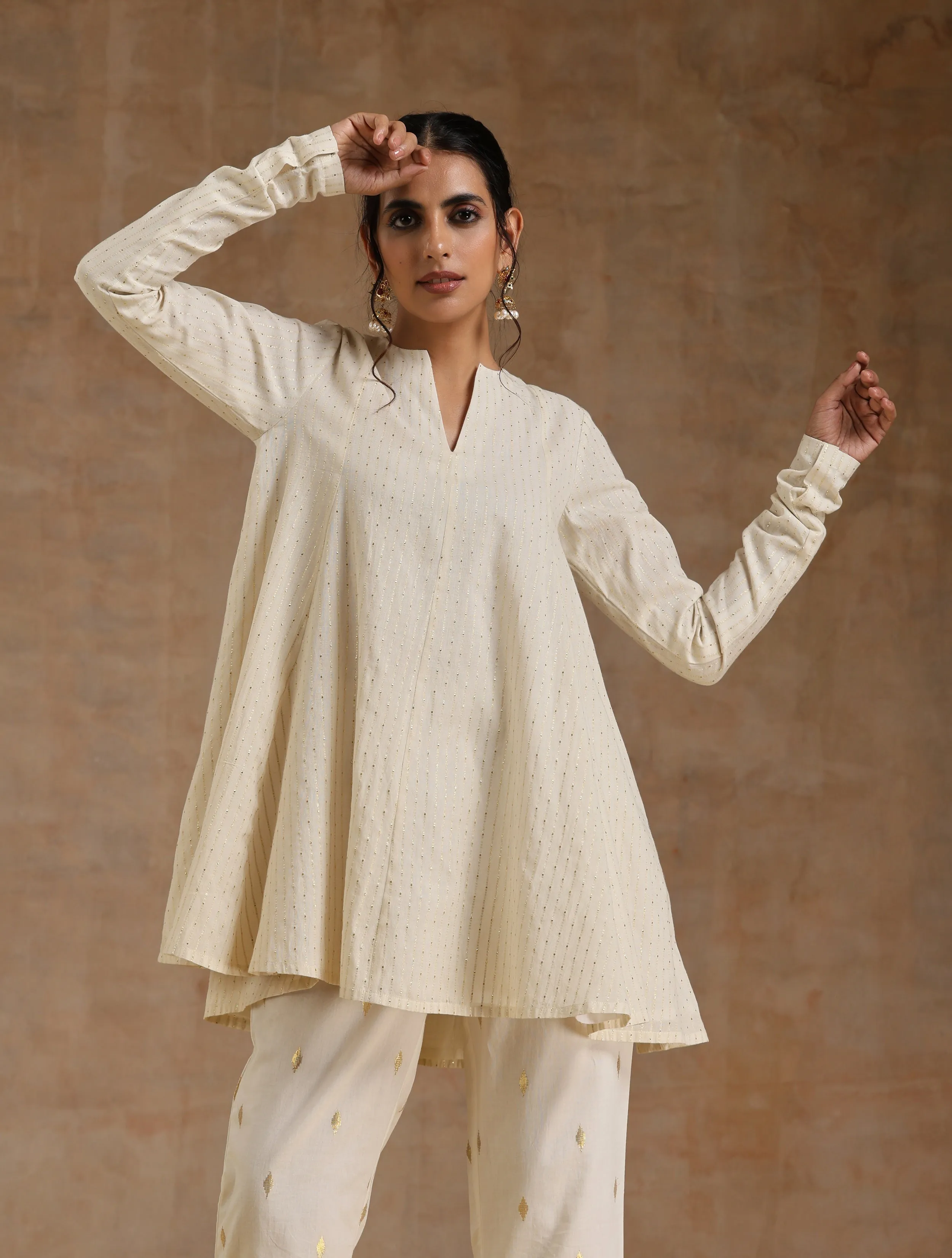 Ivory Gold Cotton Flared Co-Ord Set