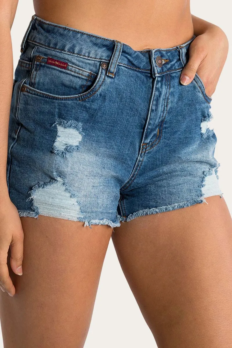 Jessie Womens Mid Rise Ripped Denim Short - True Blue