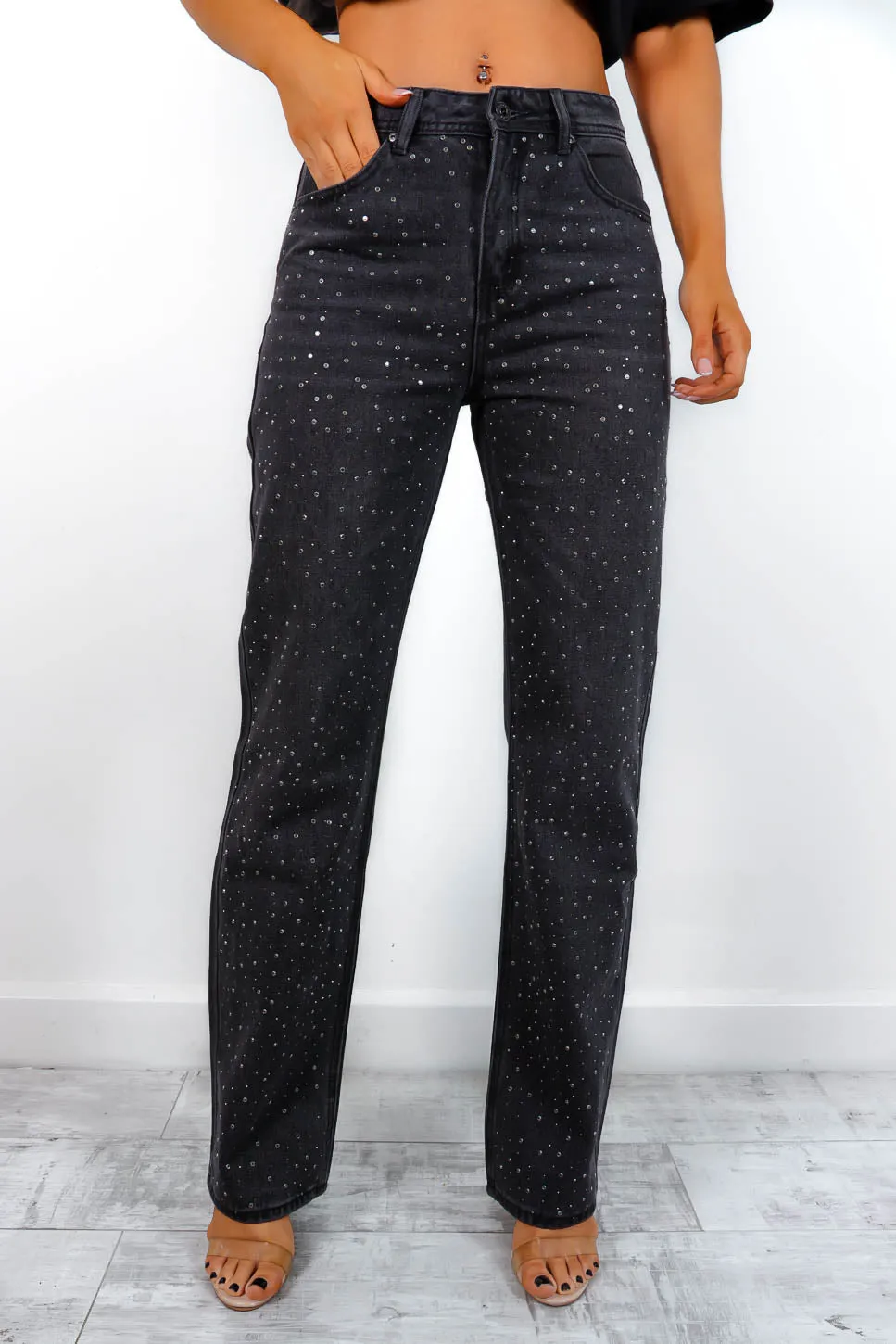 Keep Shining - Black Diamante Straight Leg Jeans