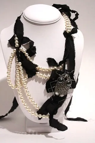 LANVIN Pearl, Ribbon, and Beetle Necklace