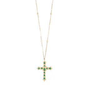 LARGE EMERALD TEARDROP GOTHIC CROSS SMOOTH BAR NECKLACE