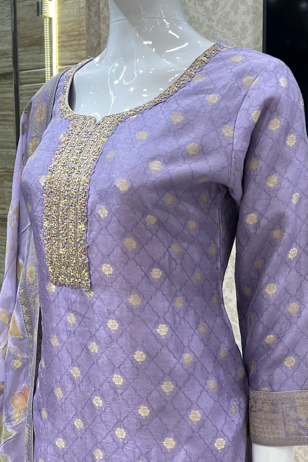 Lavender Banaras, Zardozi, Sequins and Thread work Straight Cut Salwar Suit