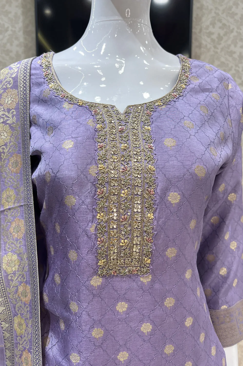 Lavender Banaras, Zardozi, Sequins and Thread work Straight Cut Salwar Suit