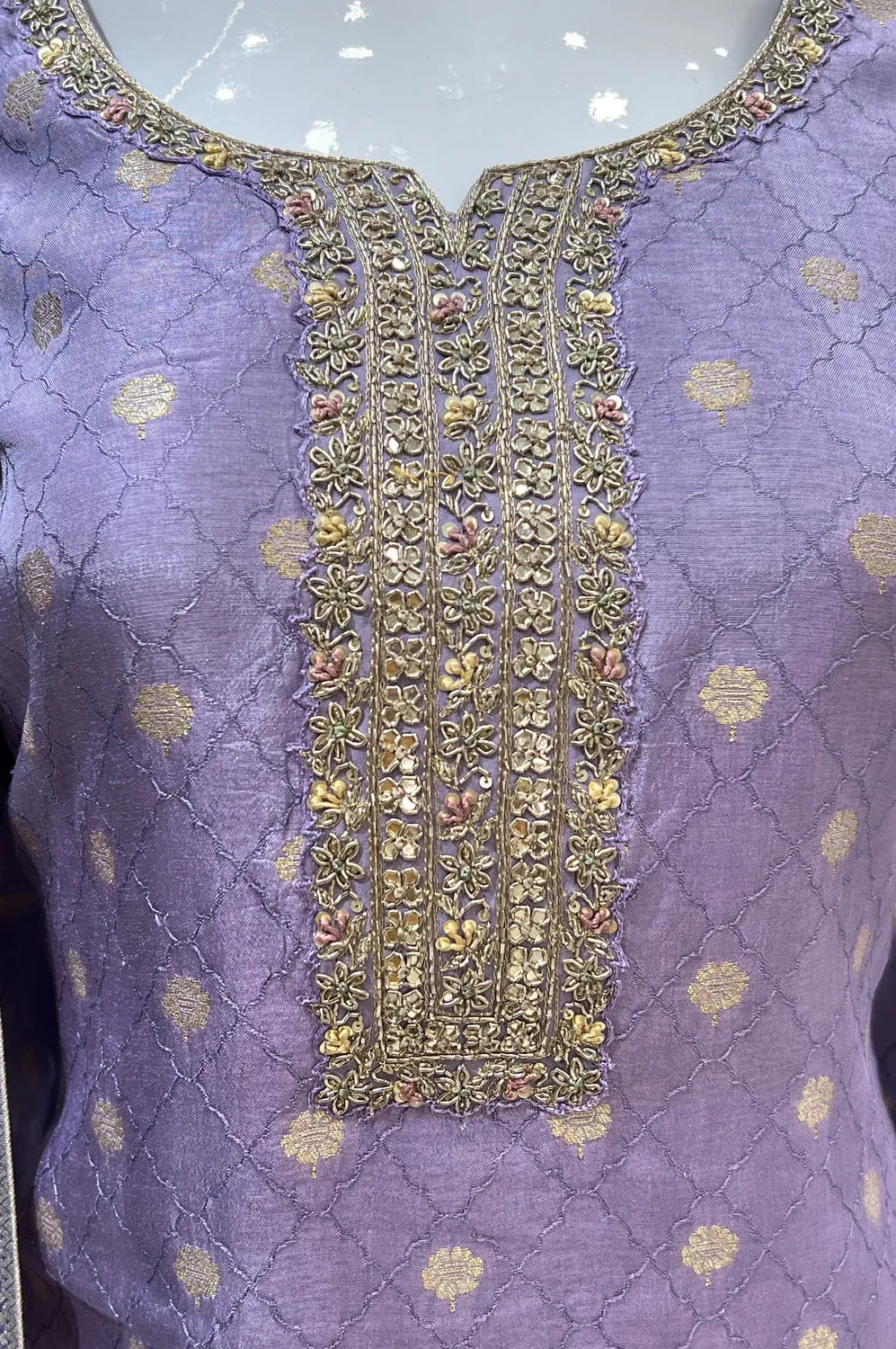 Lavender Banaras, Zardozi, Sequins and Thread work Straight Cut Salwar Suit