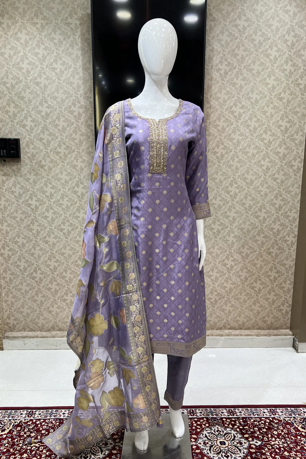 Lavender Banaras, Zardozi, Sequins and Thread work Straight Cut Salwar Suit