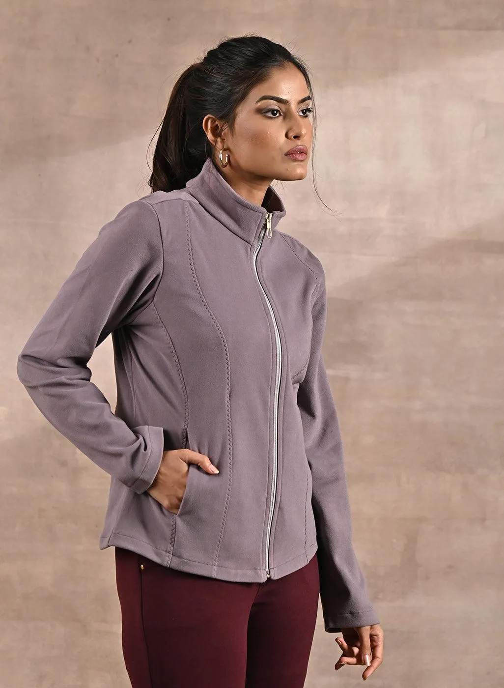 Lavender Spread-neck Fleece Jacket with Zip-Closure