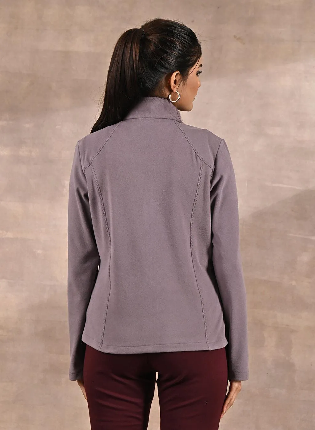 Lavender Spread-neck Fleece Jacket with Zip-Closure