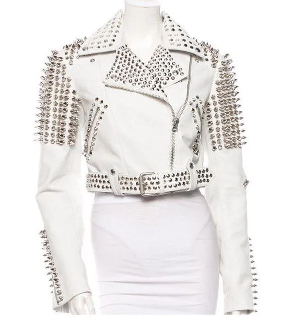 Leather Rider Womens For Mens Silver Tone Studded White Leather Jacket