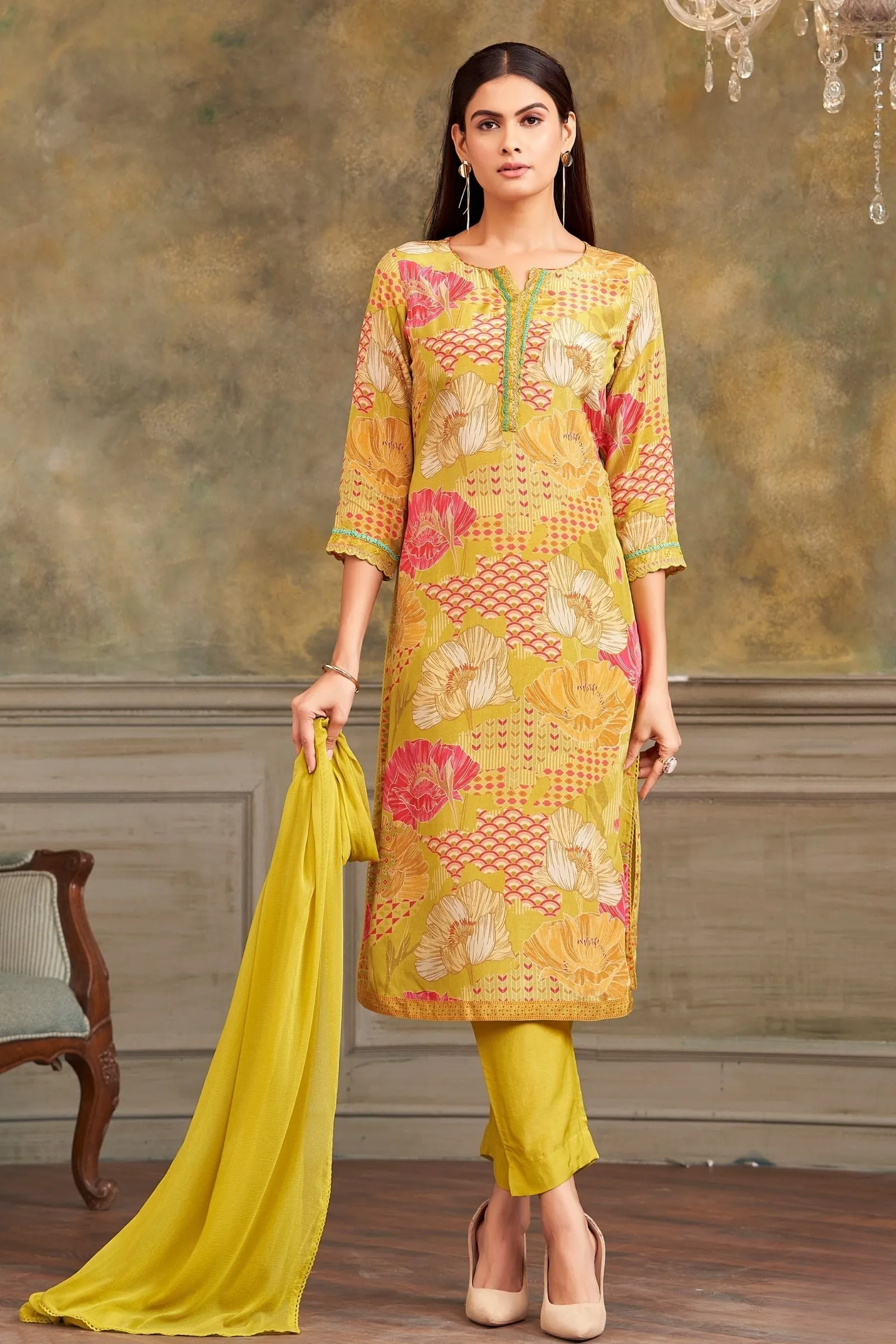 Lemon Green Floral Print and Lace work Straight Cut Salwar Suit