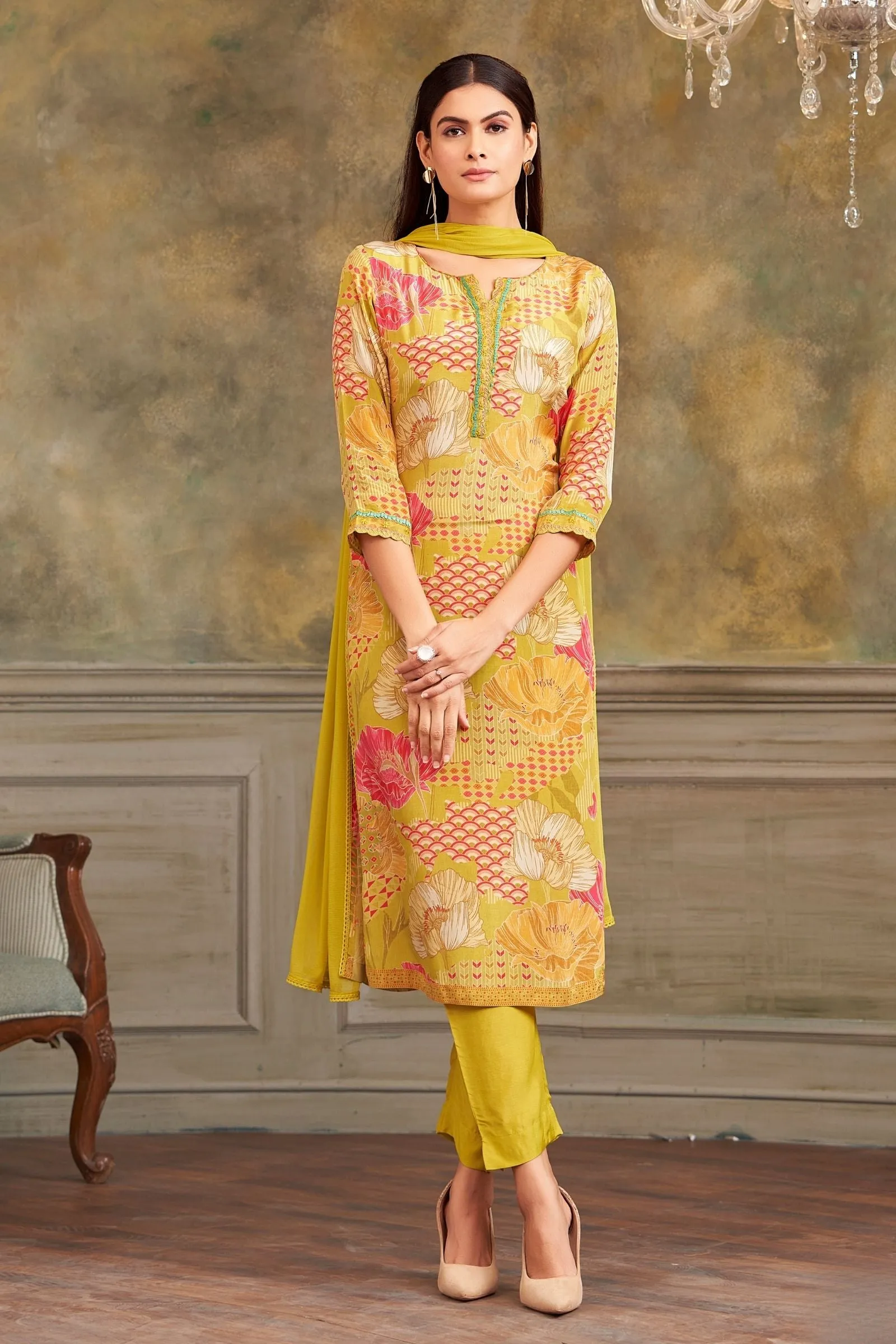 Lemon Green Floral Print and Lace work Straight Cut Salwar Suit