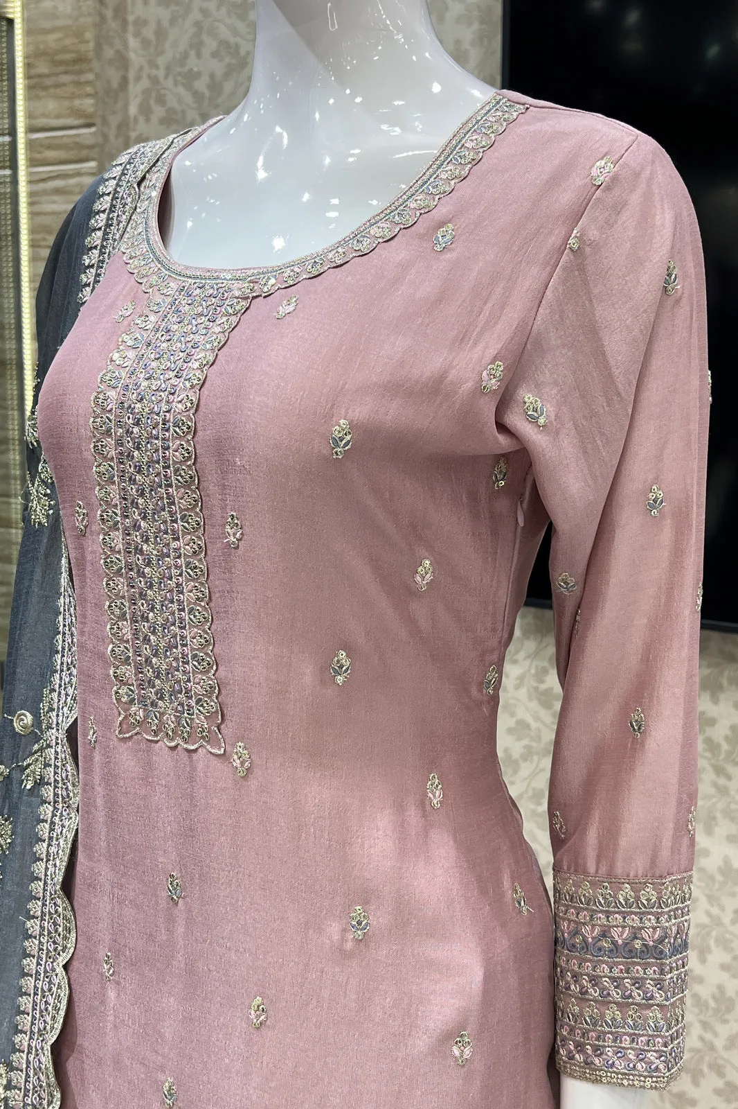 Light Pink Sequins, Zari and Thread work Straight Cut Salwar Suit