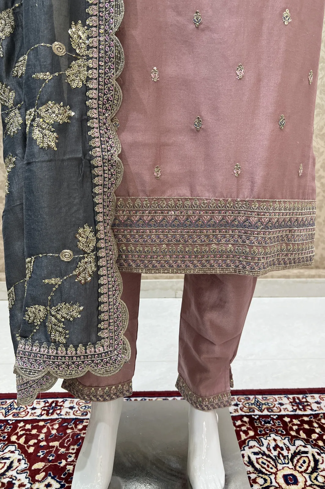 Light Pink Sequins, Zari and Thread work Straight Cut Salwar Suit