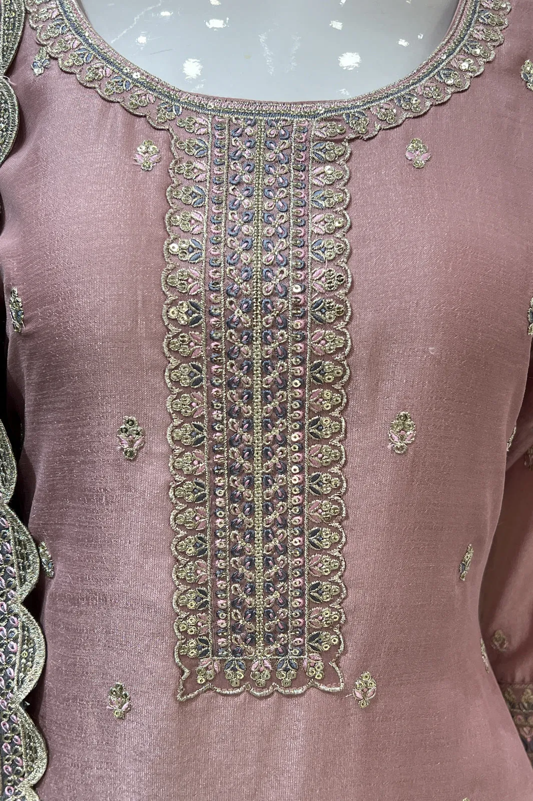 Light Pink Sequins, Zari and Thread work Straight Cut Salwar Suit