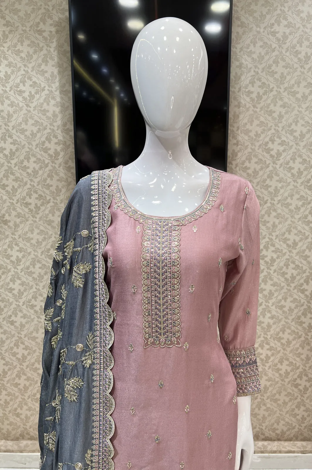 Light Pink Sequins, Zari and Thread work Straight Cut Salwar Suit