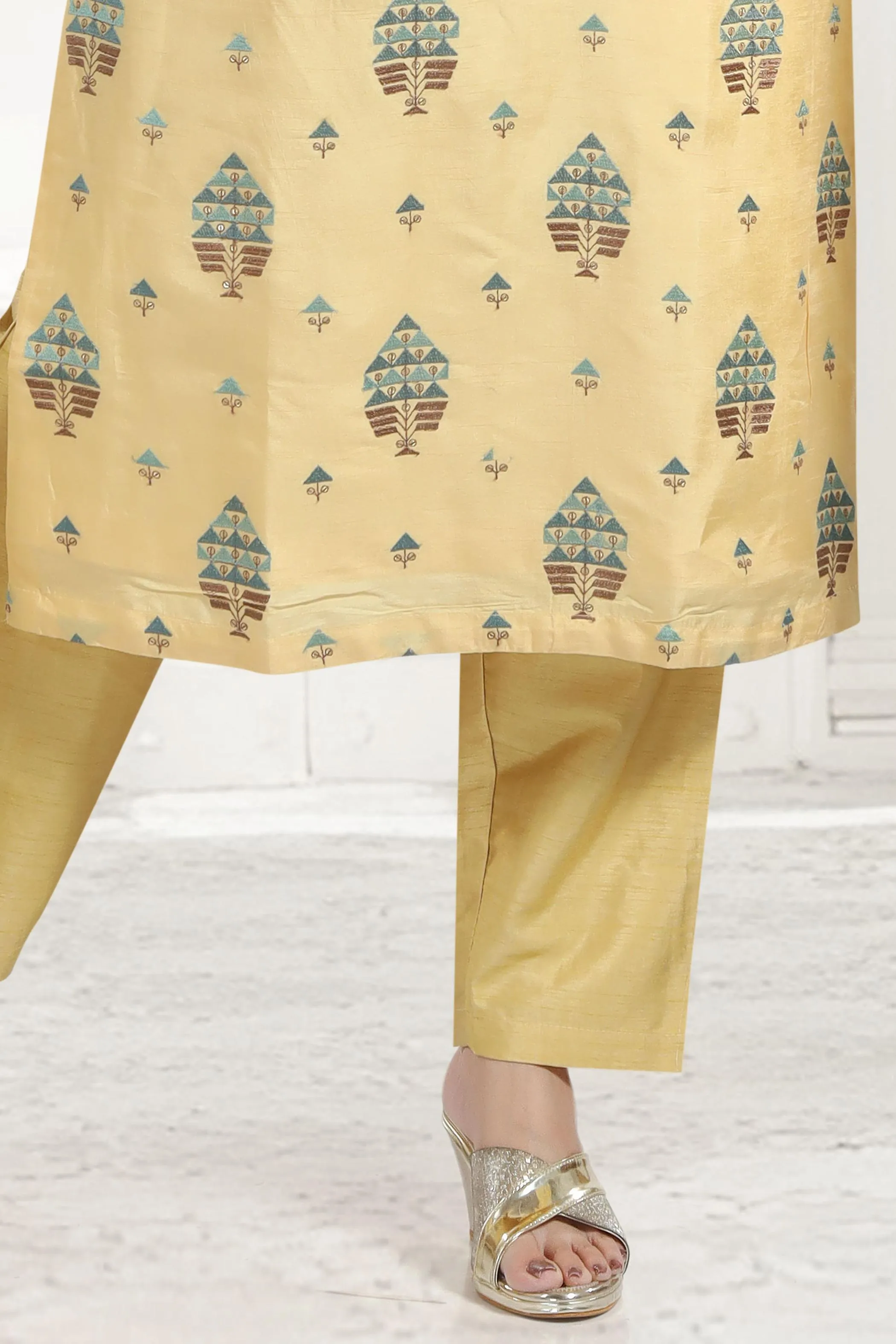 Lime Yellow Thread, Sequins, Zardozi and Mirror work Straight Cut Salwar Suit