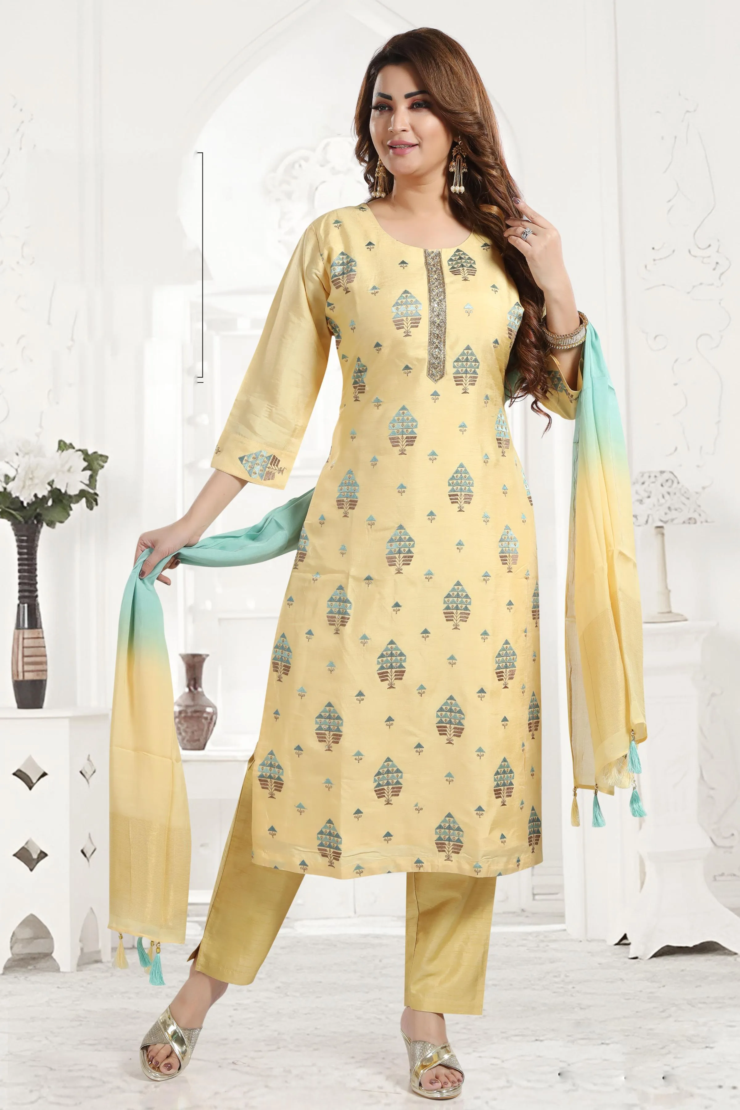 Lime Yellow Thread, Sequins, Zardozi and Mirror work Straight Cut Salwar Suit