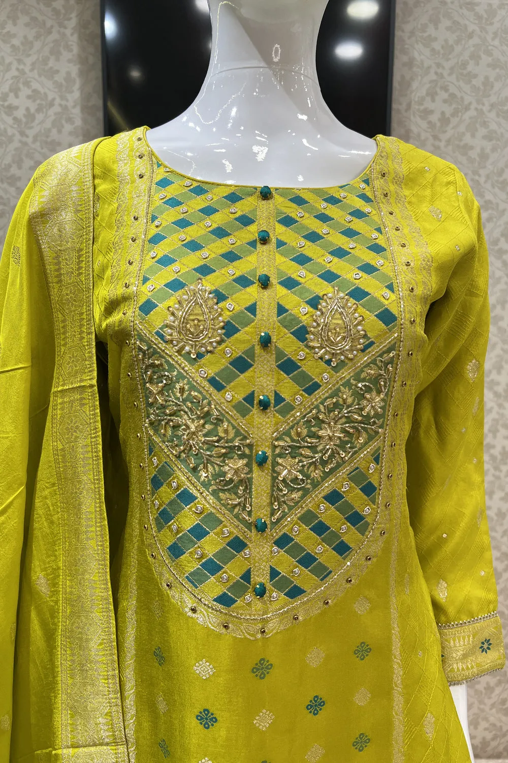 Liril Green Banaras, Beads, Sequins, Pearl and Zardozi work Straight Cut Salwar Suit