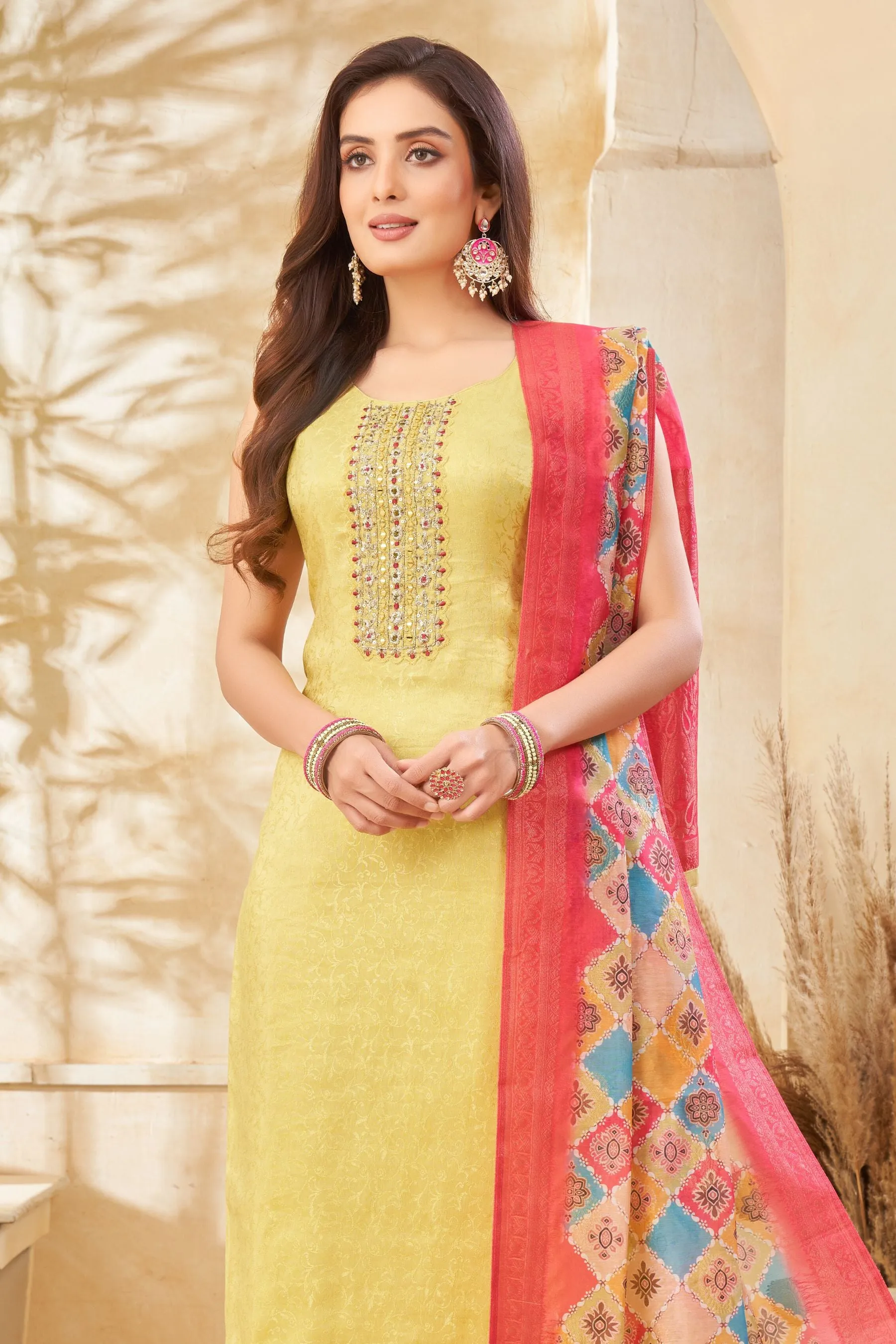 Liril Green Mirror, Thread, Zari, Sequins and Banaras work Straight Cut Salwar Suit