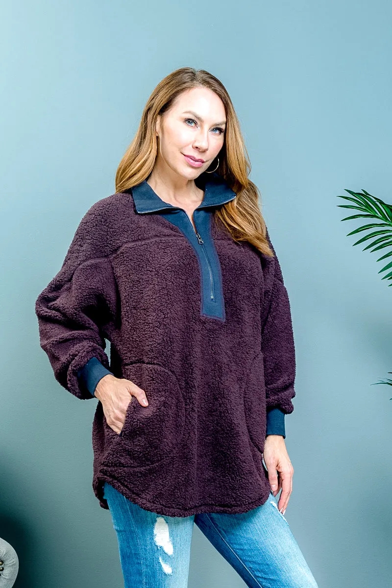 Long Sleeve 1/2 Zip Color Blocked Wooly Fur Pullover Sweater in Purple & Blue (BKER19168)