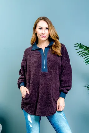 Long Sleeve 1/2 Zip Color Blocked Wooly Fur Pullover Sweater in Purple & Blue (BKER19168)