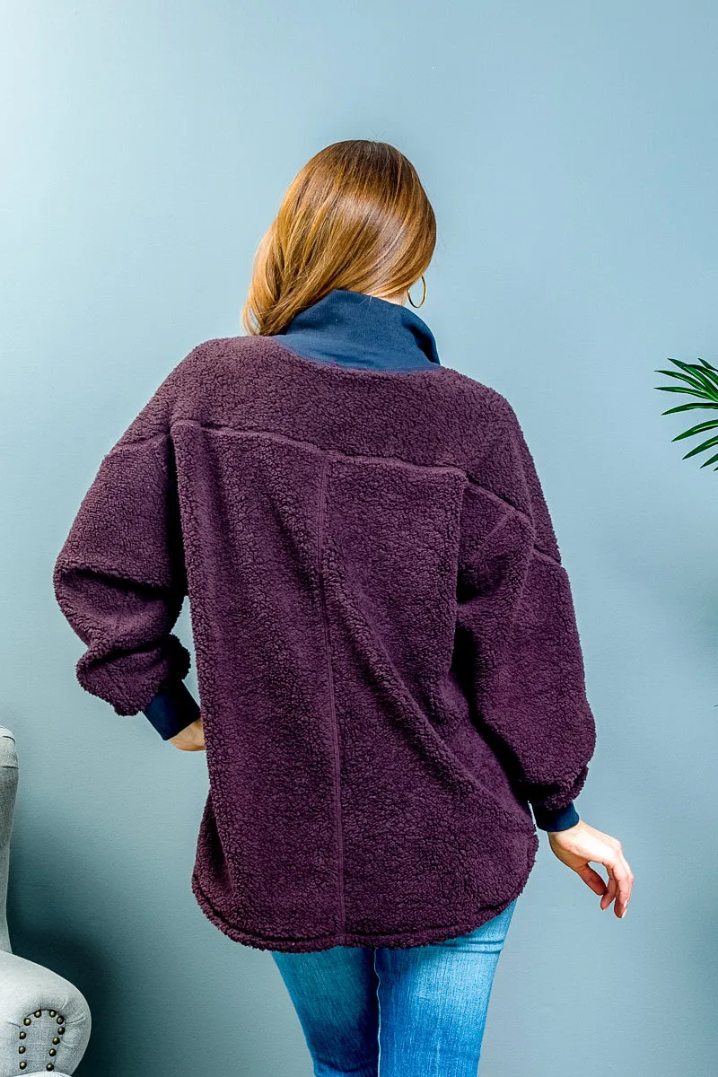 Long Sleeve 1/2 Zip Color Blocked Wooly Fur Pullover Sweater in Purple & Blue (BKER19168)