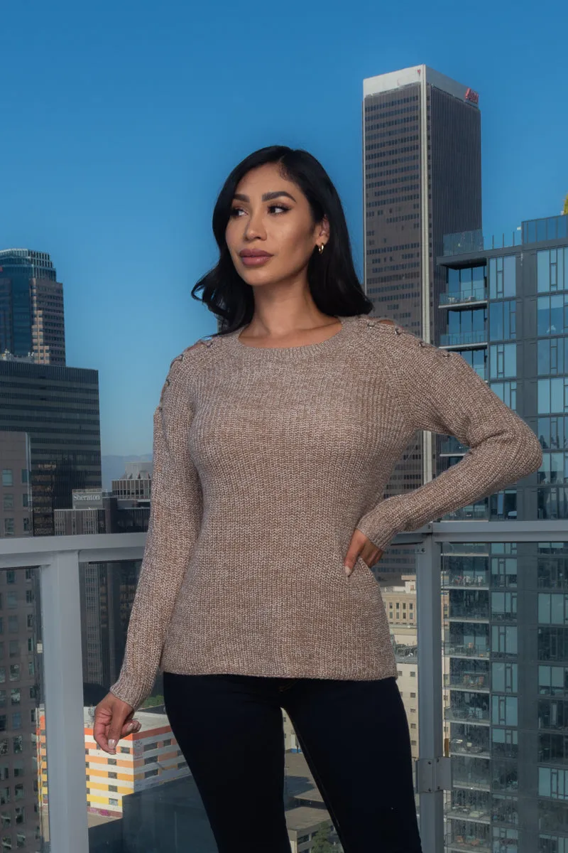 Long Sleeve Crew Neck Grommet & Lace Cold Shoulder Crochet Knit Sweater (FS174240)