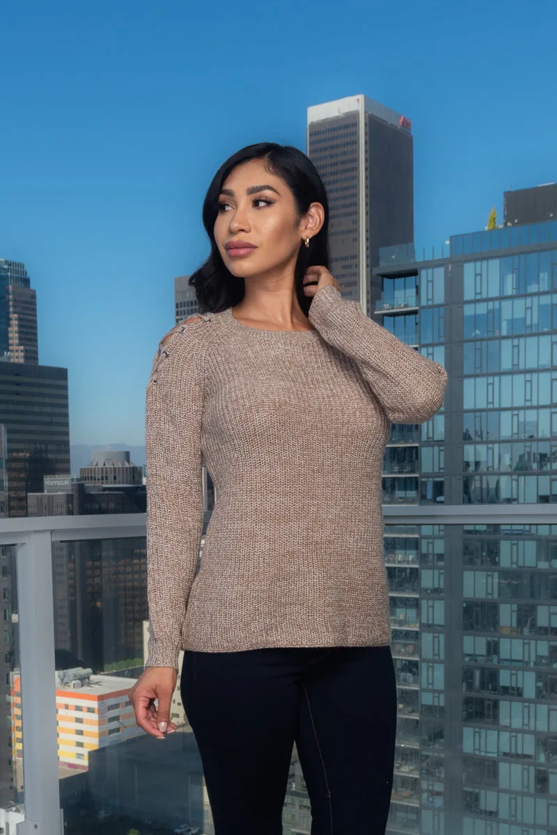 Long Sleeve Crew Neck Grommet & Lace Cold Shoulder Crochet Knit Sweater (FS174240)