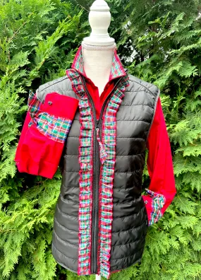 Maggie May Ruffled Ribbon Puffer Vest Black w Red Plaid (PF32)