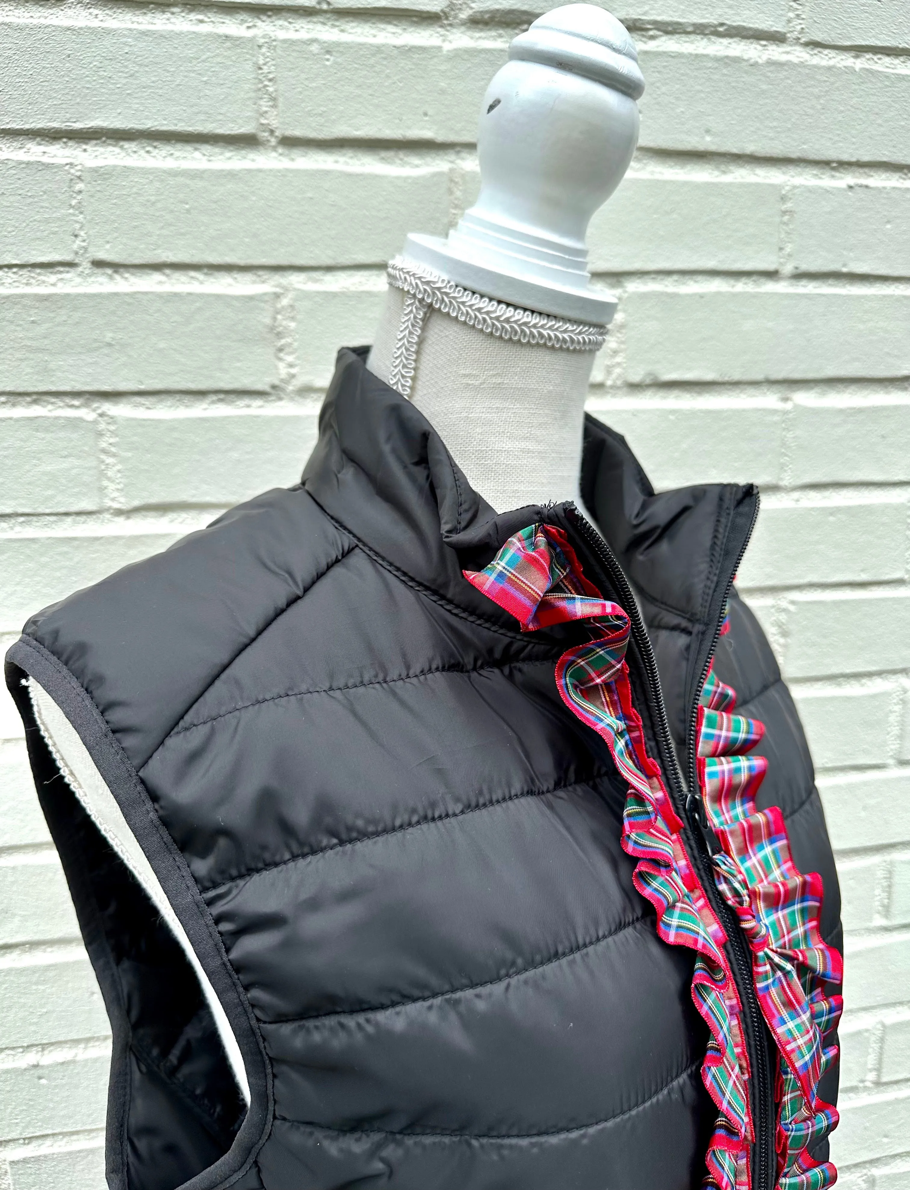 Maggie May Ruffled Ribbon Puffer Vest Black w Red Plaid (PF32)