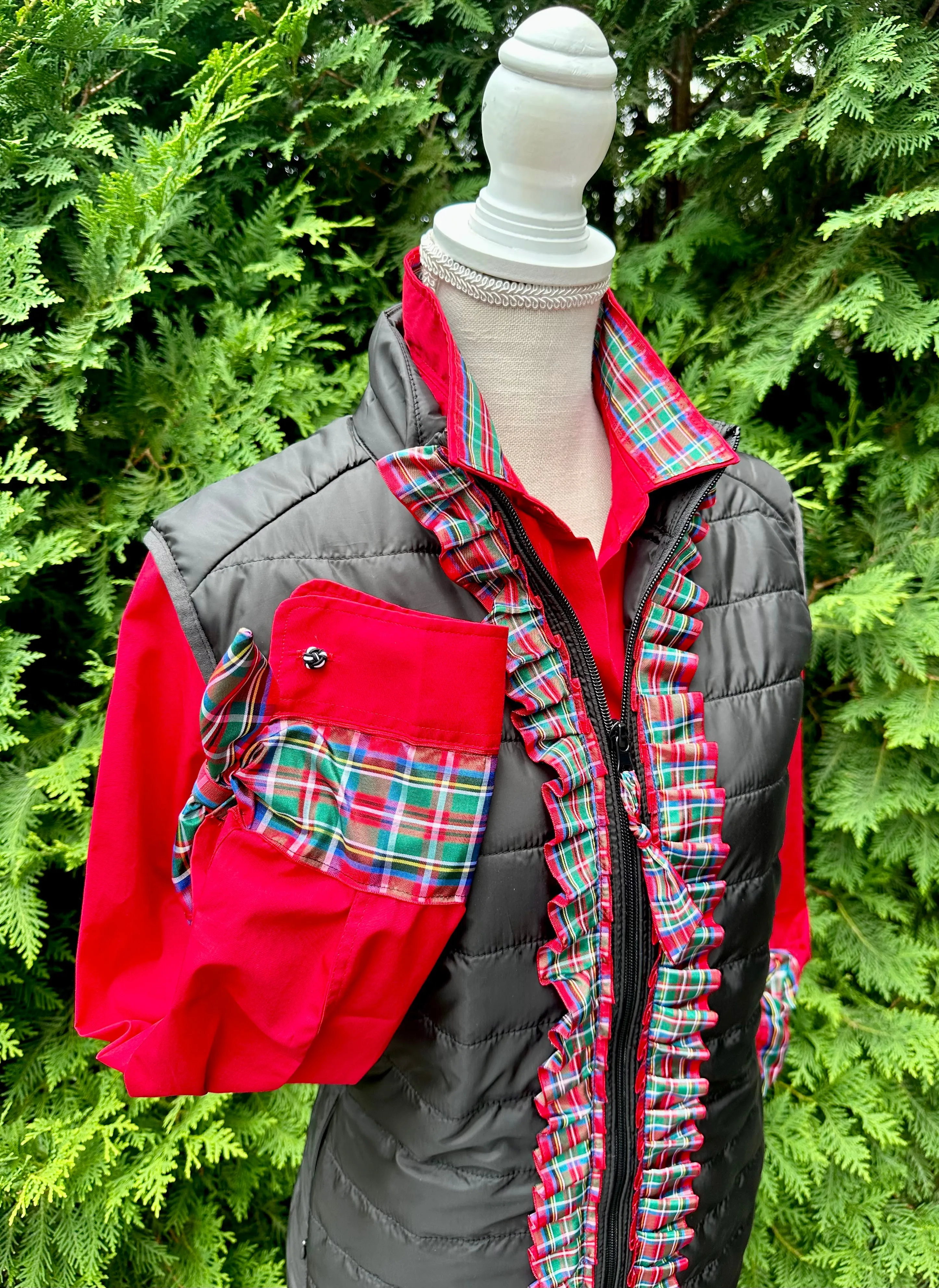 Maggie May Ruffled Ribbon Puffer Vest Black w Red Plaid (PF32)