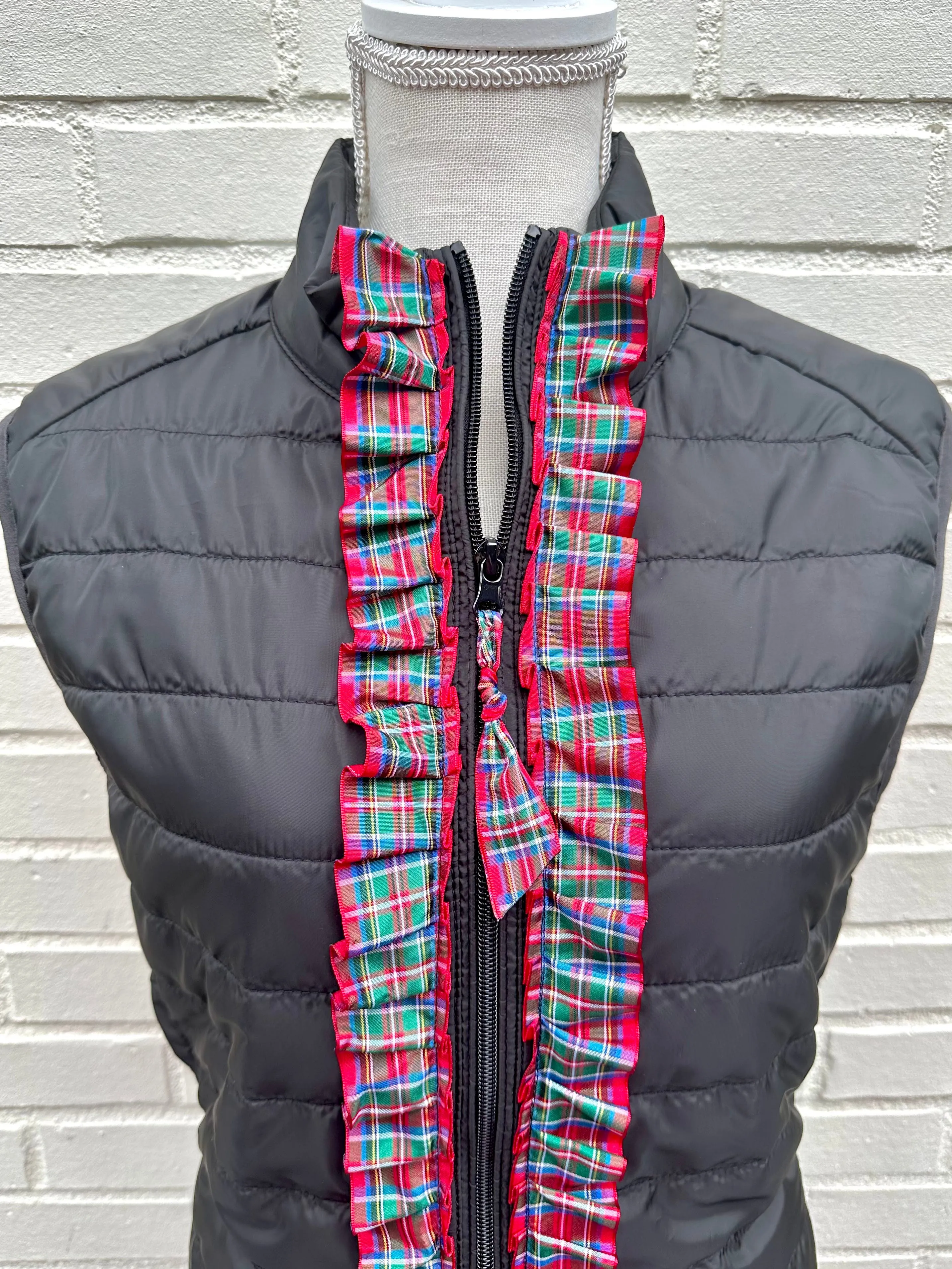 Maggie May Ruffled Ribbon Puffer Vest Black w Red Plaid (PF32)